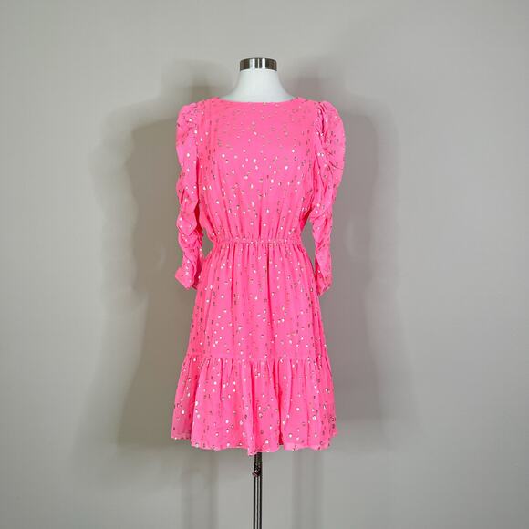 Lilly Pulitzer | Silk Chianna Coral Sands Pink Gold Polka Dot Puff Sleeve Dress - Picture 2 of 10